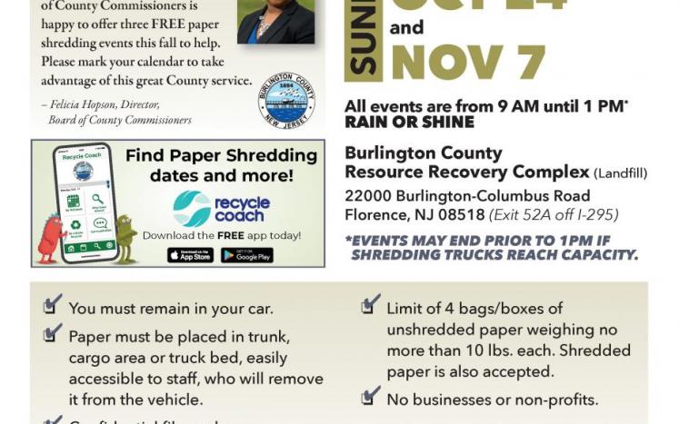 Contact Burlington County for more details: (609) 499-1001 x 271 or x266 recycle@co.burlintgton.nj.us