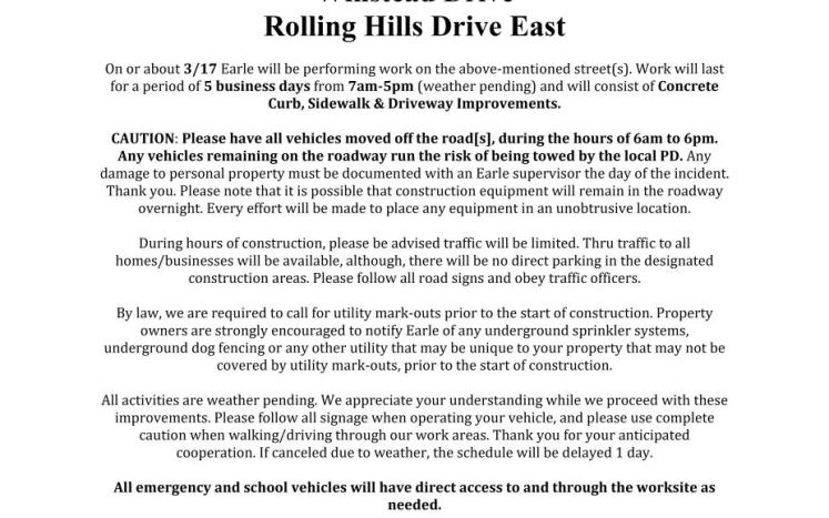 Westampton Roadwork Notice for Amara Lane, Winstead Drive and Rolling Hills Drive East